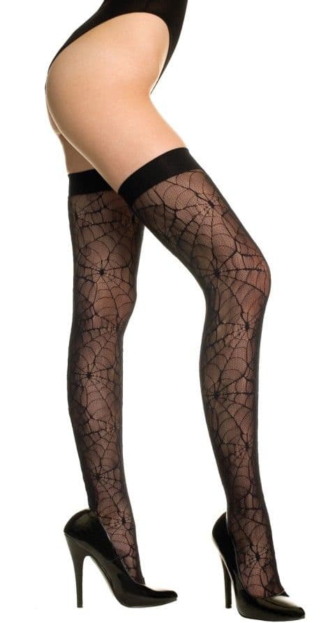 XL Sheer Spider Web Back Seamed Black Thigh Hi Sexy Ladies Stockings