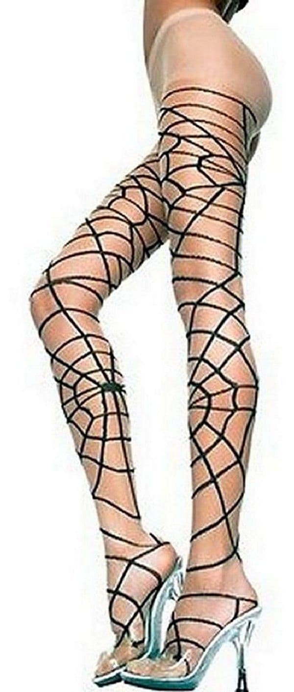 Natural Nude with Black Spider Web Pattern Sexy Woman's Halloween Style Tights 7148