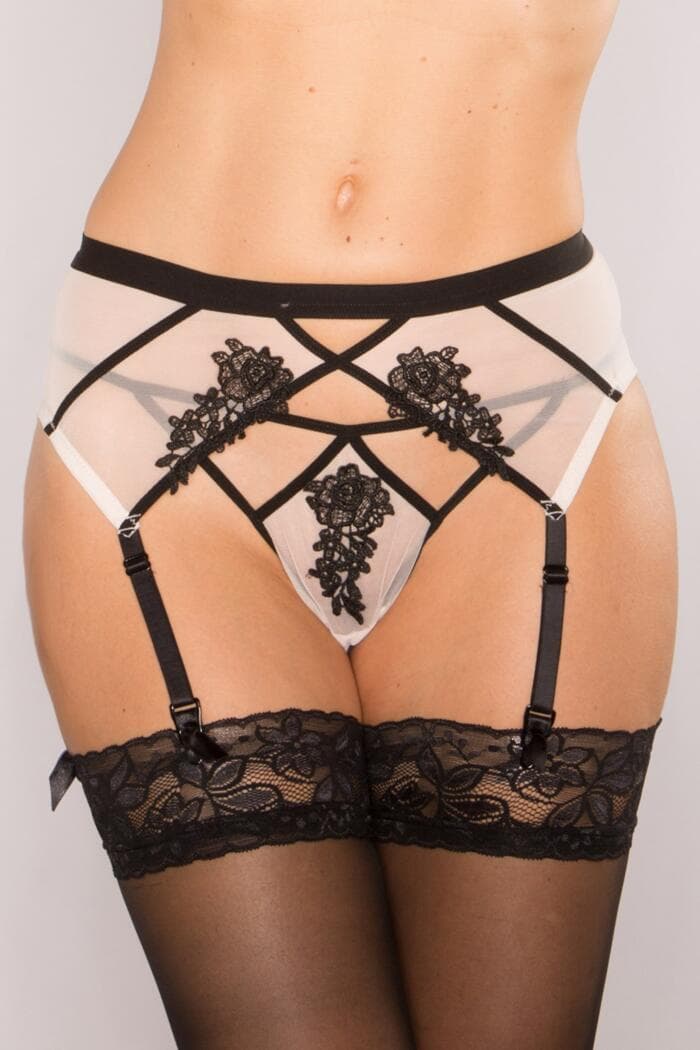 4 Strap Ivory Stretch Mesh + Black Trim Sexy Suspender Belt Women's Lingerie Size Small PM2