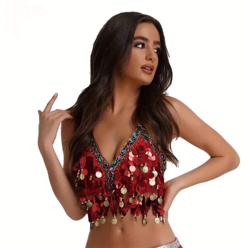 Festival Crop Top, Coloured Rhinestone Jewels and Big Sequins in Red F3