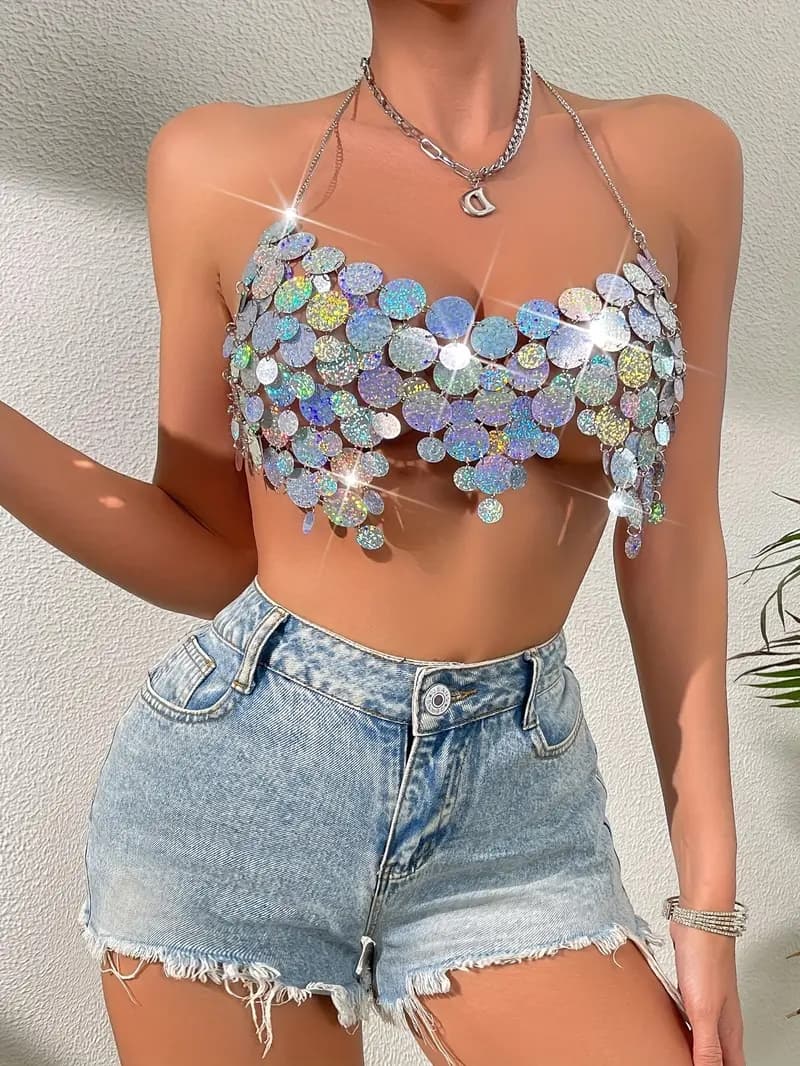 Festival Wear Silver Multi Colour Shimmer Big Sequin Ladies Halter Neck Sexy Backless Top F5