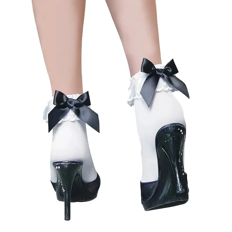 Black or Red Bow White plus Lace Ruffle Top Ladies Ankle Socks P504