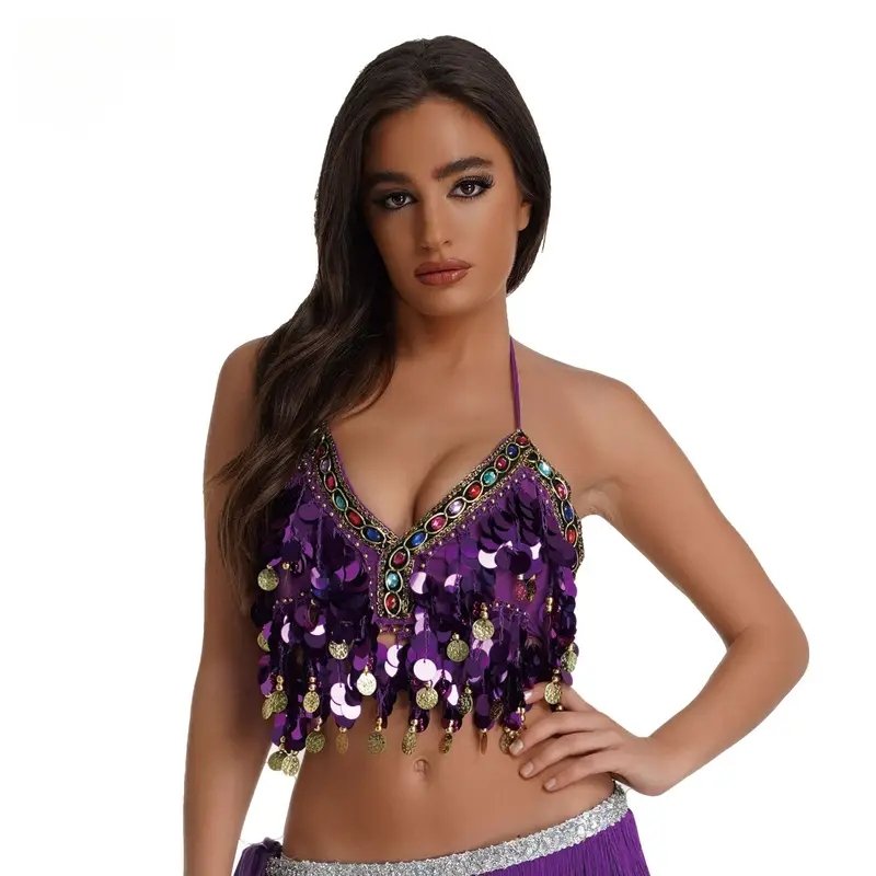 Festival Crop Top, Coloured Rhinestone Jewels and Big Sequins in Purple F3