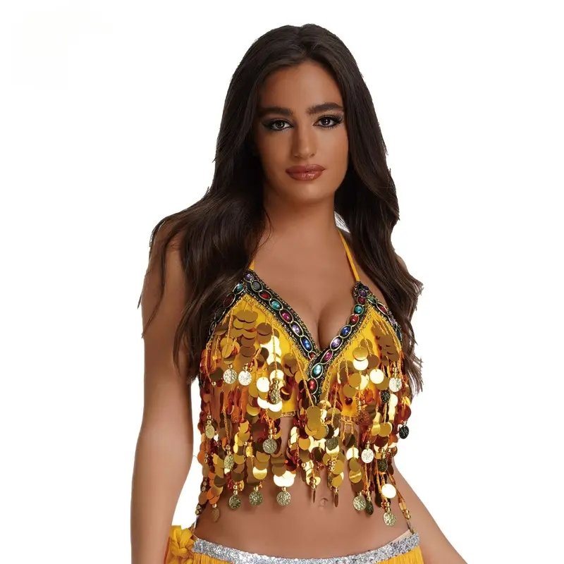 Festival Crop Top, Coloured Rhinestone Jewels and Big Sequins in Yellow F3