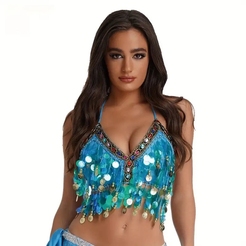 Festival Crop Top, Coloured Rhinestone Jewels and Big Sequins in Blue F3