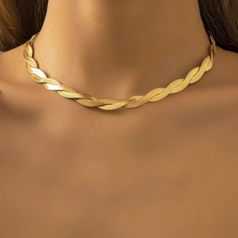 Gold Shiny Handwoven Twisted Flat Chain Necklace J34
