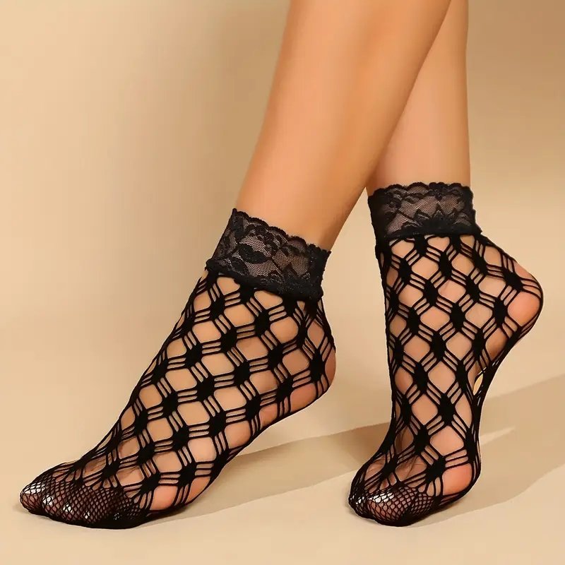 Ladies Black Stretch Big Net Mesh Ladies Sexy Floral Lace Tops Ankle Socks P505