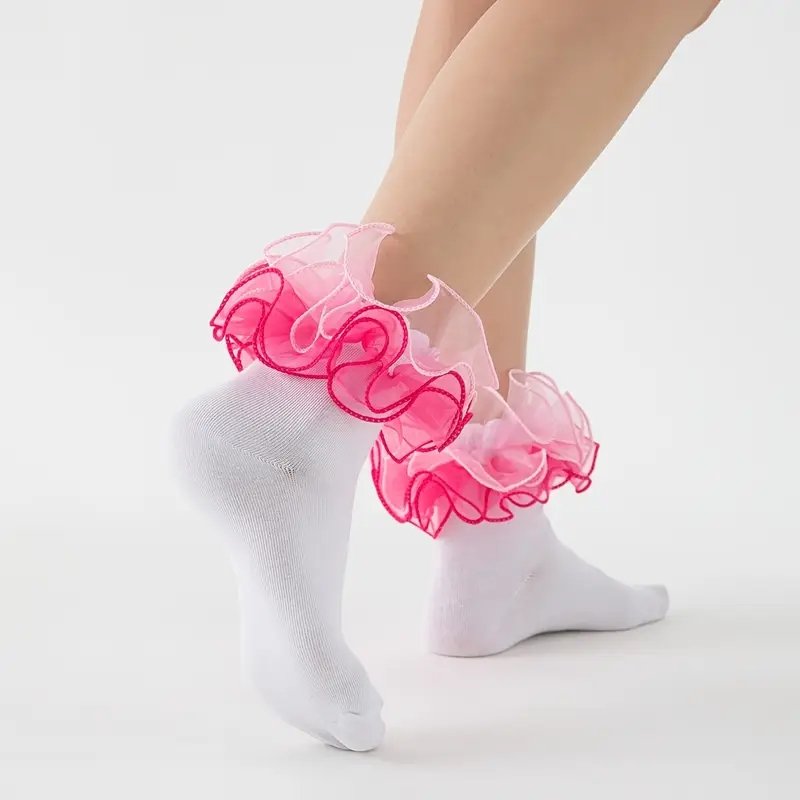 2 Tone Pink Ruffle Mesh Trim Opaque Sexy Ankle Socks P506