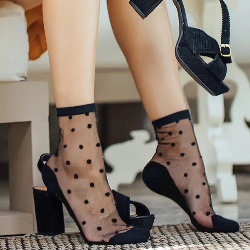 Black Sheer plus Polka Dot Plain Top Sexy Stretch Women's Ankle Socks P222