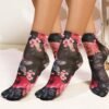 Ladies Black Soft Silky Red and Pink Roses Design Women's Sexy Ankle Socks P223