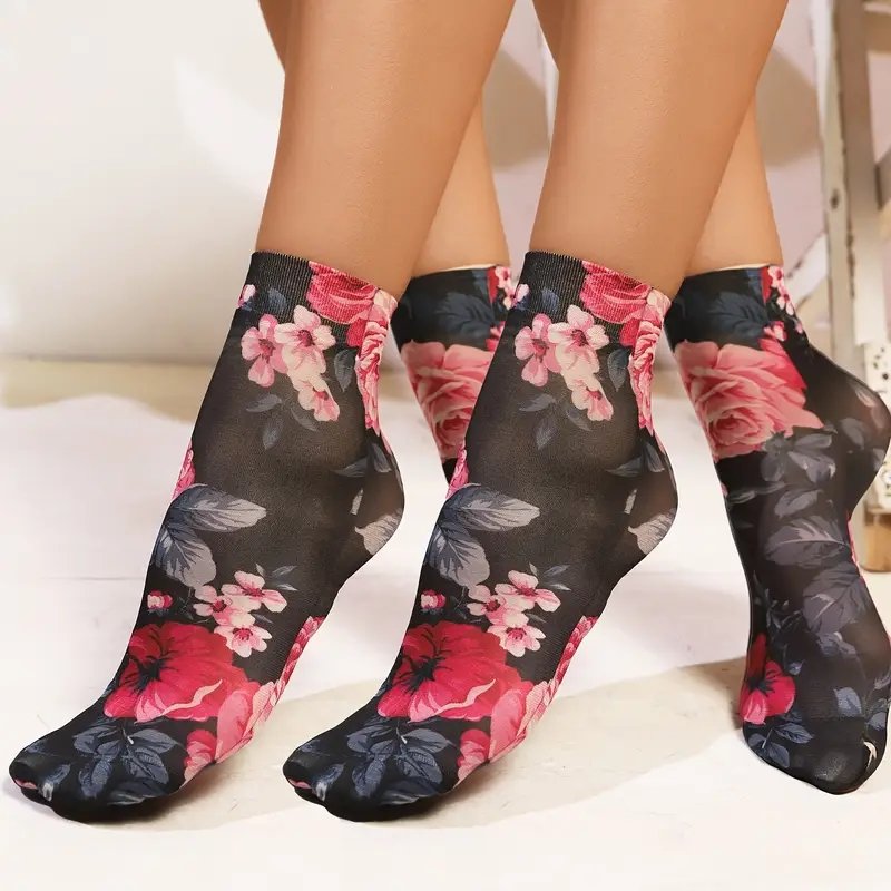 Ladies Black Soft Silky Red and Pink Roses Design Women's Sexy Ankle Socks P223