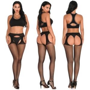 Fishnet Black Stretchy Sexy Women's Suspender Style Crotchless Tights N56
